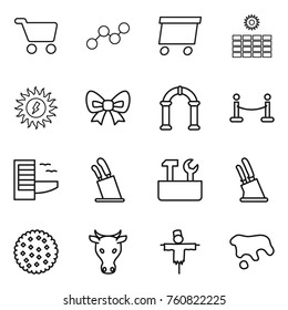 Thin line icon set : cart, graph, delivery, sun power, bow, arch, vip fence, hotel, stands for knives, repair tools, knife holder, cookies, cow, scarecrow, spot