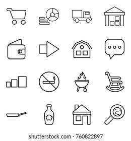 Thin line icon set : cart, diagram, truck, warehouse, wallet, right arrow, house, sms, sorting, no smoking, bbq, rocking chair, pan, ketchup, viruses