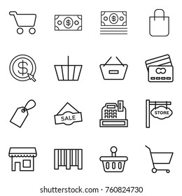 Thin line icon set : cart, money, shopping bag, dollar arrow, basket, remove from, credit card, label, sale, cashbox, store signboard, shop, bar code