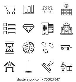Thin line icon set : cart, graph, group, sun power, list, diamond, houses, building, sand clock, cookies, seeds, trailer, barn, rake, scraper, kitchen cleaning