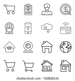Thin line icon set : cart, report, woman, dollar arrow, notebook globe, phone wireless, cloude service, tap to pay, home, web cam, house