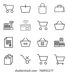 Thin line icon set : cart, basket, shopping bag, cashbox, tap to pay, account balance, remove from, delete, store, do not trolley sign