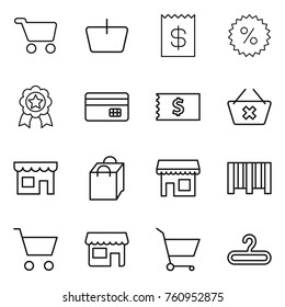 Thin line icon set : cart, basket, receipt, percent, medal, credit card, delete, shop, shopping bag, bar code, hanger