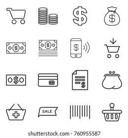 Thin line icon set : cart, coin stack, dollar, money bag, phone pay, add to, credit card, account balance, purse, basket, sale, bar code