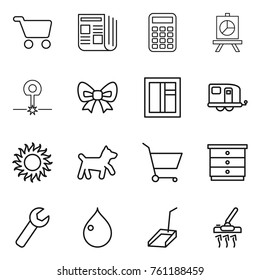 Thin line icon set : cart, newspaper, calculator, presentation, laser, bow, window, trailer, sun, dog, chest of drawers, wrench, drop, scoop, vacuum cleaner