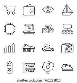 Thin line icon set : cart, wallet, eye, boat, chip, notebook, bio, structure, graph up, house with garage, car baggage, camera, do not distrub, watering, garden, iron