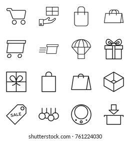 Thin line icon set : cart, gift, shopping bag, delivery, parachute, box, sale label, necklace, package