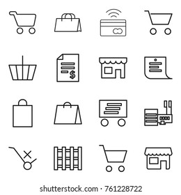 Thin line icon set : cart, shopping bag, tap to pay, basket, account balance, shop, list, delivery, mall, do not trolley sign, pallet
