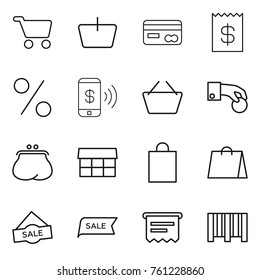 Thin line icon set : cart, basket, card, receipt, percent, phone pay, hand coin, purse, market, shopping bag, sale, atm, bar code