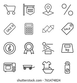 Thin line icon set : cart, shop signboard, pointer, percent, sale, calculator, up down arrow, label, info, medal, sun potection, heavy, grill oven, trailer, handle washing, do not distrub