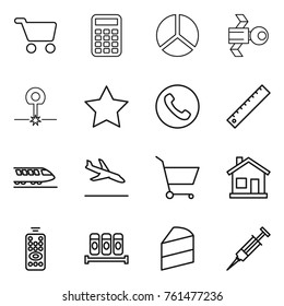 Thin line icon set : cart, calculator, diagram, satellite, laser, star, phone, ruler, train, arrival, home, remote control, spices, cake, syringe