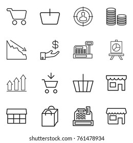 Thin line icon set : cart, basket, target audience, coin stack, crisis, investment, cashbox, presentation, graph up, add to, shop, market, shopping bag