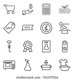 Thin line icon set : cart, investment, calculator, bio, sale label, info, sun potection, do not hook sign, medal, identity card, distrub, grill oven, pear, package, handle washing