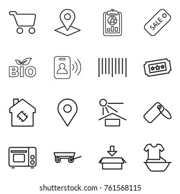 Thin line icon set : cart, pointer, report, sale, bio, pass card, bar code, ticket, smart house, geo pin, sun potection, label, grill oven, trailer, package, handle washing