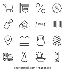 Thin line icon set : cart, shop signboard, percent, label, sale, bar code, geo pin, cargo top sign, heavy, medal, train, pear, handle washing, do not distrub