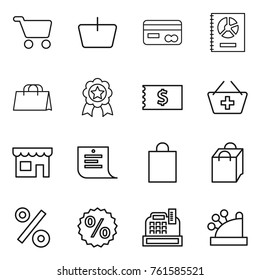 Thin line icon set : cart, basket, card, annual report, shopping bag, medal, receipt, add to, shop, list, percent, cashbox