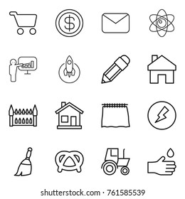 Thin line icon set : cart, dollar, mail, atom, presentation, rocket, pencil, home, gothic architecture, curtain, electricity, broom, pretzel, tractor, hand drop