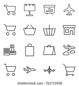 Thin line icon set : cart, billboard, presentation, plane, basket, shop, store, shopping bag, journey
