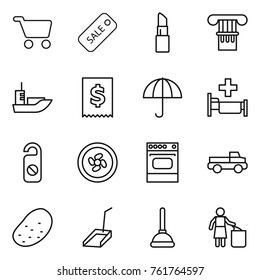 Thin line icon set : cart, sale, lipstick, column, sea shipping, tax, dry cargo, hospital, do not distrub, cooler fan, oven, pickup, potato, scoop, plunger, garbage bin
