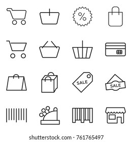 Thin line icon set : cart, basket, percent, shopping bag, credit card, sale label, bar code, cashbox, shop