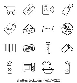Thin line icon set : cart, sale, pass card, label, percent, bar code, ticket, do not hook sign, distrub, grill oven, handle washing, please clean