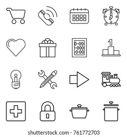 Thin line icon set : cart, call, calendar, alarm clock, heart, gift, abacus, pedestal, bulb, pencil wrench, right arrow, train, first aid, locked, pan