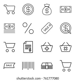 Thin line icon set : cart, dollar, money bag, percent, sale, arrow, account balance, add to basket, delete, bar code