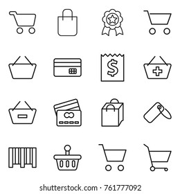 Thin line icon set : cart, shopping bag, medal, basket, credit card, receipt, add to, remove from, label, bar code