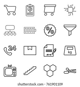 Thin line icon set : cart, report, delivery, chip, structure, battery, percent, funnel, phone 24, package box, inventory, heavy, tv, stairs, honeycombs, scissors