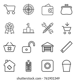 Thin line icon set : cart, target, wallet, purse, medal, pedestal, pencil wrench, add to, delete, unlock, garage, ruler, smart house, remote control, ring button, bucket