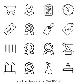 Thin line icon set : cart, pointer, report, percent, sale, medal, label, bar code, sun potection, cargo top sign, pear, package