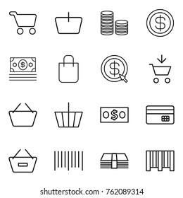 Thin line icon set : cart, basket, coin stack, dollar, money, shopping bag, arrow, add to, credit card, remove from, bar code