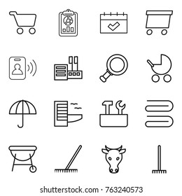 Thin line icon set : cart, report, calendar, delivery, pass card, store, magnifier, baby stroller, dry cargo, hotel, repair tools, towel, bbq, rake, cow