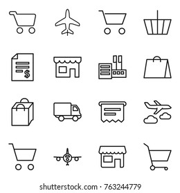 Thin line icon set : cart, plane, basket, account balance, shop, store, shopping bag, delivery, atm receipt, journey