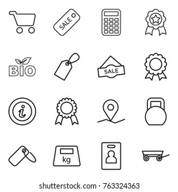 Thin line icon set : cart, sale, calculator, medal, bio, label, info, geo pin, heavy, identity card, trailer
