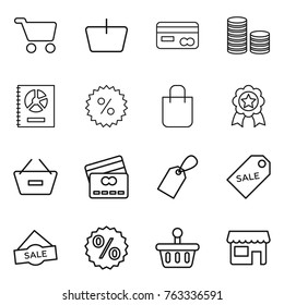 Thin line icon set : cart, basket, card, coin stack, annual report, percent, shopping bag, medal, remove from, credit, label, sale, shop