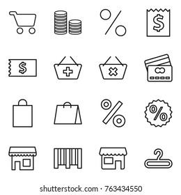 Thin line icon set : cart, coin stack, percent, receipt, add to basket, delete, credit card, shopping bag, shop, bar code, hanger
