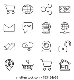 Thin line icon set : cart, globe, share, money, mail, message, notebook, connect, up down arrow, cloude service, web cam, unlock, dollar pin, basket, home