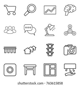 Thin line icon set : cart, magnifier, statistics, brain, group, discussion, table lamp, spinner, bridge, houses, traffic light, camera, ring button, stool, window, hand dryer