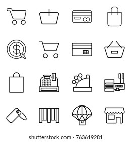 Thin line icon set : cart, basket, card, shopping bag, dollar arrow, credit, remove from, cashbox, mall, label, bar code, parachute delivery, shop