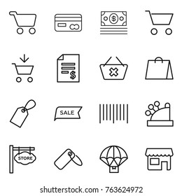 Thin line icon set : cart, card, money, add to, account balance, delete, shopping bag, label, sale, bar code, cashbox, store signboard, parachute delivery, shop