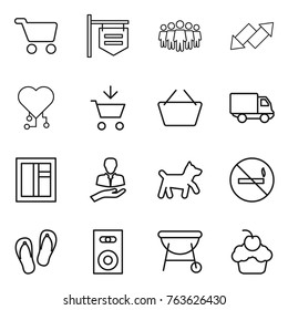 Thin line icon set : cart, shop signboard, team, up down arrow, cardio chip, add to, basket, delivery, window, client, dog, no smoking, flip flops, speaker, bbq, cupcake