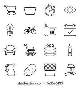 Thin line icon set : cart, basket, stopwatch, eye, bulb, bike, phone, terms, armchair, rocking chair, plate washing, vegetable oil, jug, potato, trash bin, housing