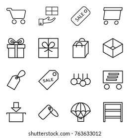 Thin line icon set : cart, gift, sale, delivery, shopping bag, box, label, package, parachute, rack