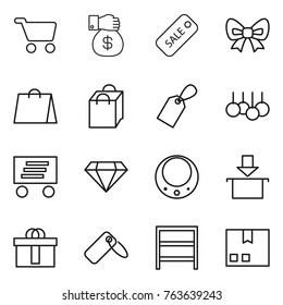 Thin line icon set : cart, money gift, sale, bow, shopping bag, label, delivery, diamond, necklace, package, hi quality, rack