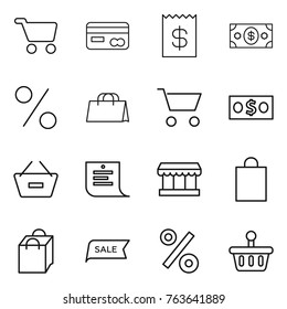 Thin line icon set : cart, card, receipt, money, percent, shopping bag, remove from basket, list, market, sale