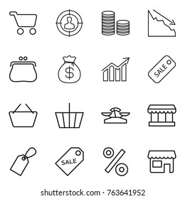 Thin line icon set : cart, target audience, coin stack, crisis, purse, money bag, diagram, sale, basket, scales, market, label, percent, shop