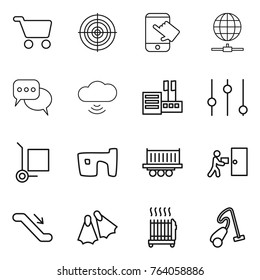 Thin line icon set : cart, target, touch, globe connect, discussion, cloud wireless, store, equalizer, cargo stoller, slum, truck shipping, courier delivery, escalator, flippers, radiator