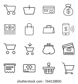 Thin line icon set : cart, basket, card, money bag, shopping, phone pay, add to, purse, credit, atm receipt
