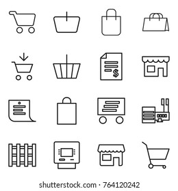 Thin line icon set : cart, basket, shopping bag, add to, account balance, shop, list, delivery, mall, pallet, atm